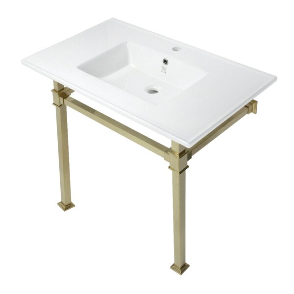 Kingston Brass KVPB37221Q7 37-Inch Console Sink with Stainless Steel Legs (Single Faucet Hole), White/Brushed Brass KVPB37221Q7 - main